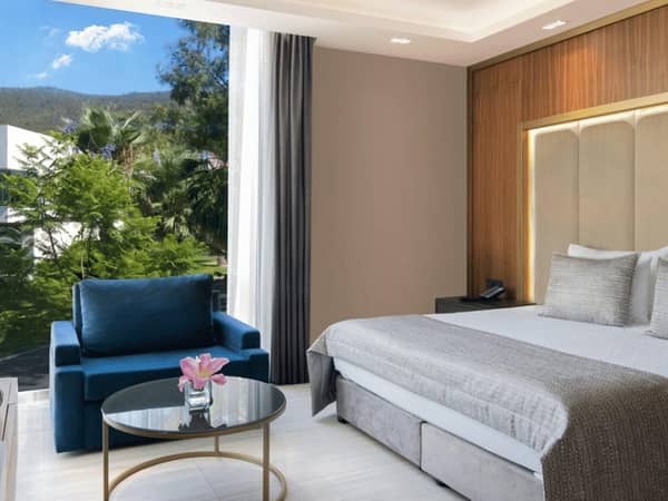 Modern hotel room in Vogue Garden Superior Annex with a king-size bed, blue armchair, and a view of greenery through a large window.