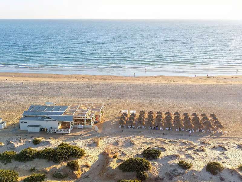 Aerial view of Barosa Park showing the seaside hotel, beach bar, and lounge area with sun loungers and parasols along the oceanfront.