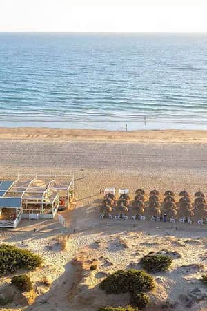 Aerial view of Barosa Park showing the seaside hotel, beach bar, and lounge area with sun loungers and parasols along the oceanfront.