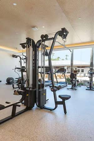 Indoor gym at Barosa Park with exercise bikes, weight benches, and cable machines, illuminated by natural light.