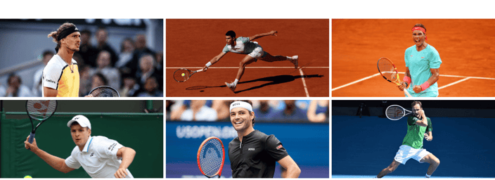 Collage of six professional tennis players in action on various court surfaces, demonstrating skill and agility in competitive matches.