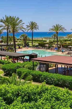 Wide-angle shot of a hotel pool area with palm trees, green foliage, and ocean views in the background, under a clear sky.