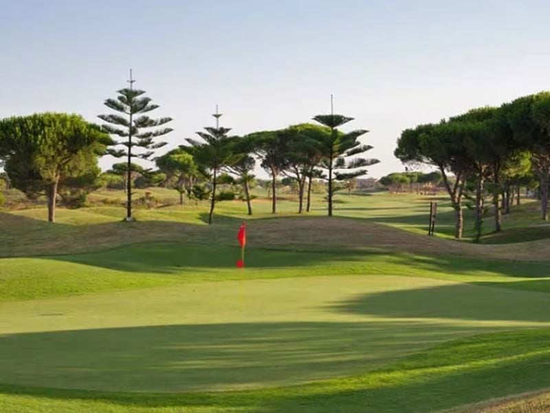 Green golf course at Hotel Vincci with a putting green, surrounded by tall trees and a blue sky.