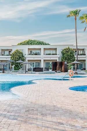 Exterior view of the Vincci hotel with a large swimming pool, cabanas, and palm trees on a sunny day.