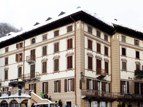 Hotel Monterosa exterior in Alagna surrounded by winter snow