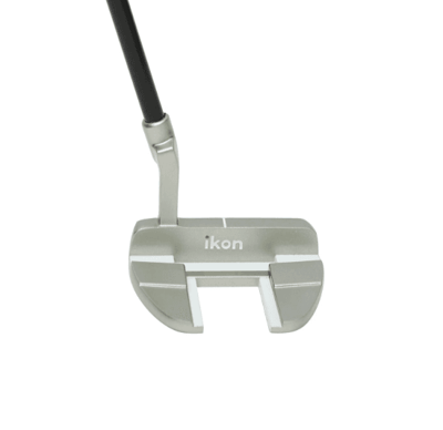 Mallet-style silver golf putter head with alignment lines and black shaft.
