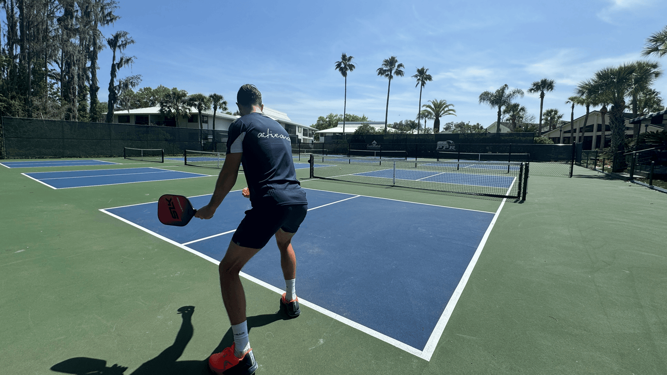 Player prepares a shot on an outdoor pickleball court under blue sky and palm trees.