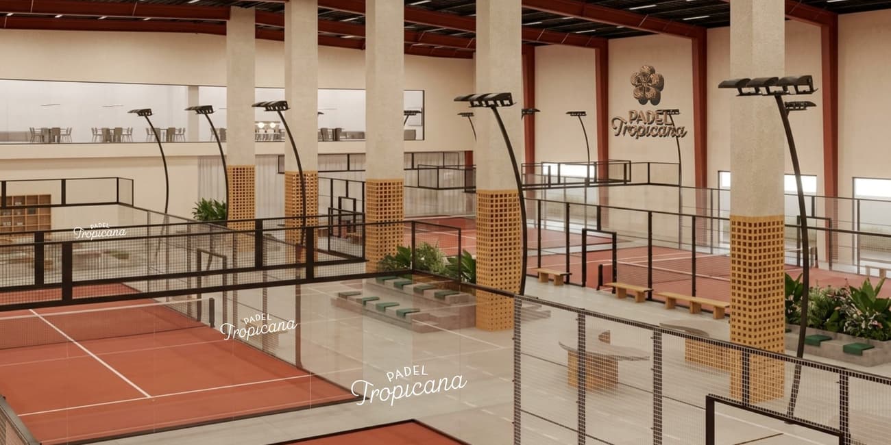 Brand deck mock-up of terracotta indoor padel courts with tropical planting and Padel Tropicana branding.